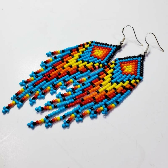 Turquoise Sunrise Long Fringe Seed Bead Earrings - Picture 5 of 7